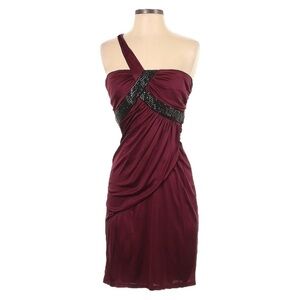 Maria Bianca Nero Wine One Shoulder Satin Cocktail Dress S Draped Sequin Bodycon